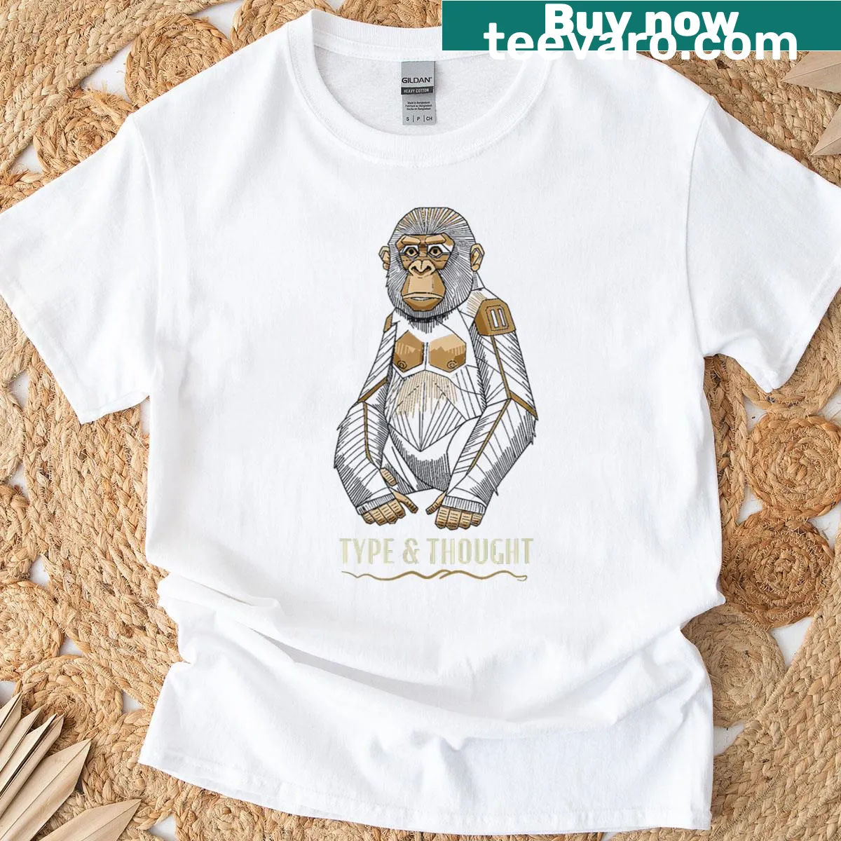 Retro vintage T-shirt featuring an Art Deco monkey silhouette in geometric style — on a men's t-shirt