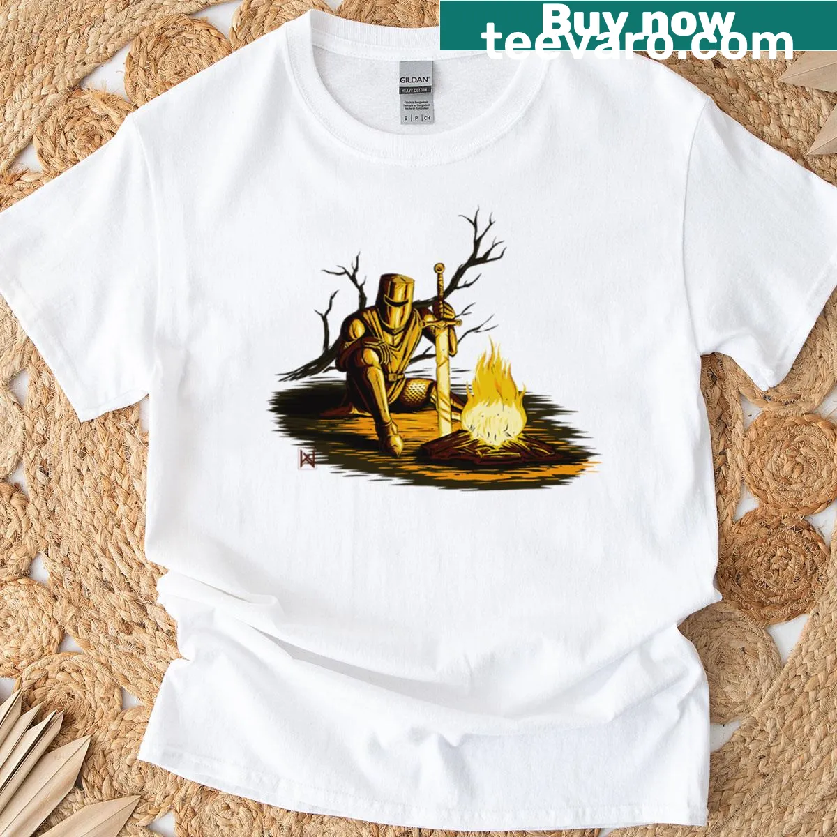 Vintage-style bonfire scene graphic on a T-shirt. — on a men's t-shirt