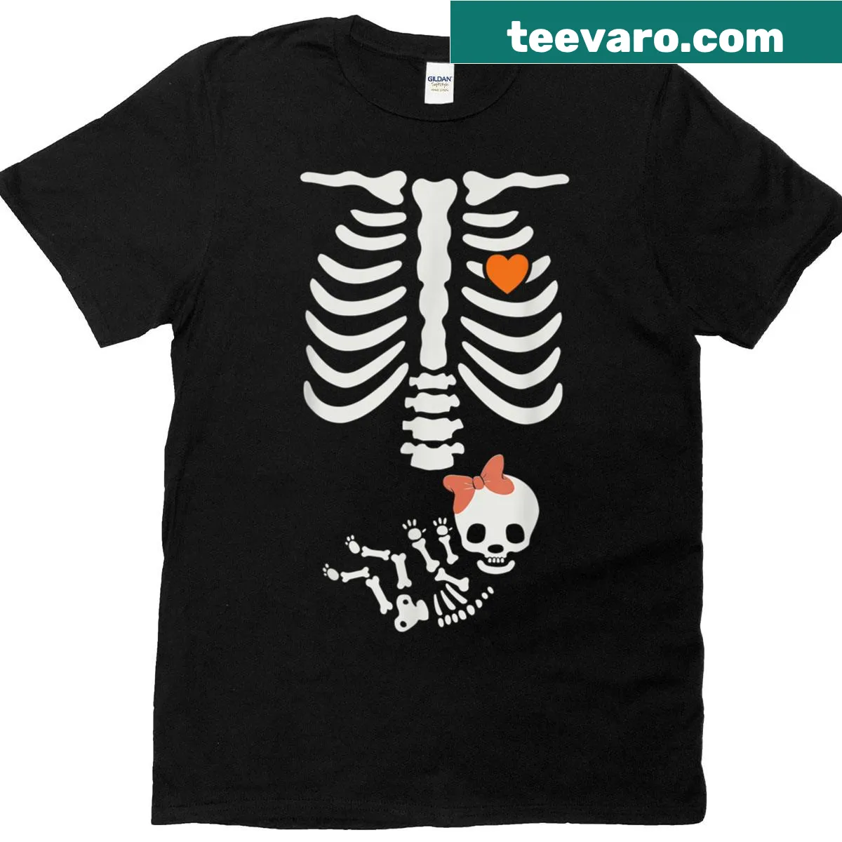 Whimsical skeleton baby outfit design for Halloween pregnancy announcement — on a men's t-shirt