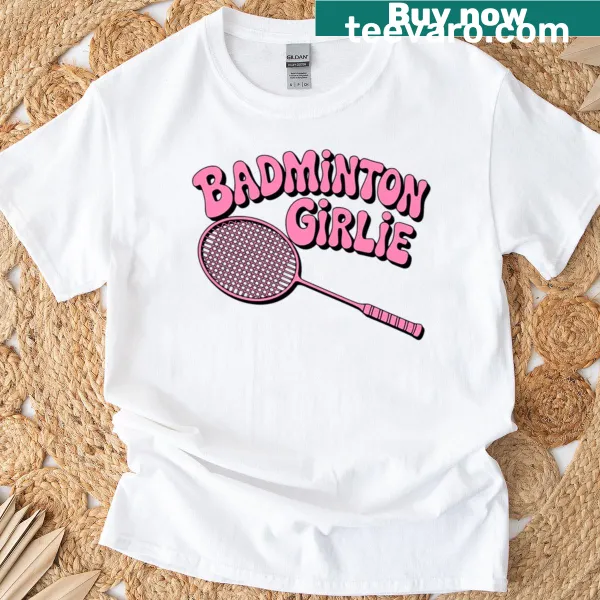 Playful cartoon graphic of a badminton girl on a T-shirt.