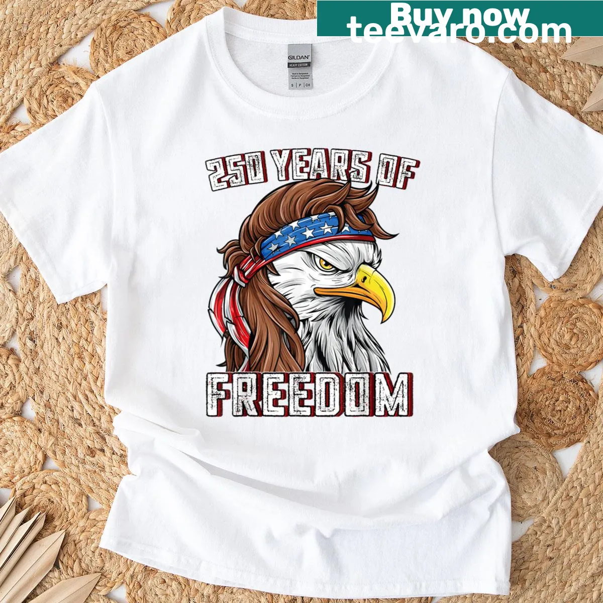 Patriotic T-shirt featuring a bald eagle and the text '250 Years Of Freedom' — on a men's t-shirt