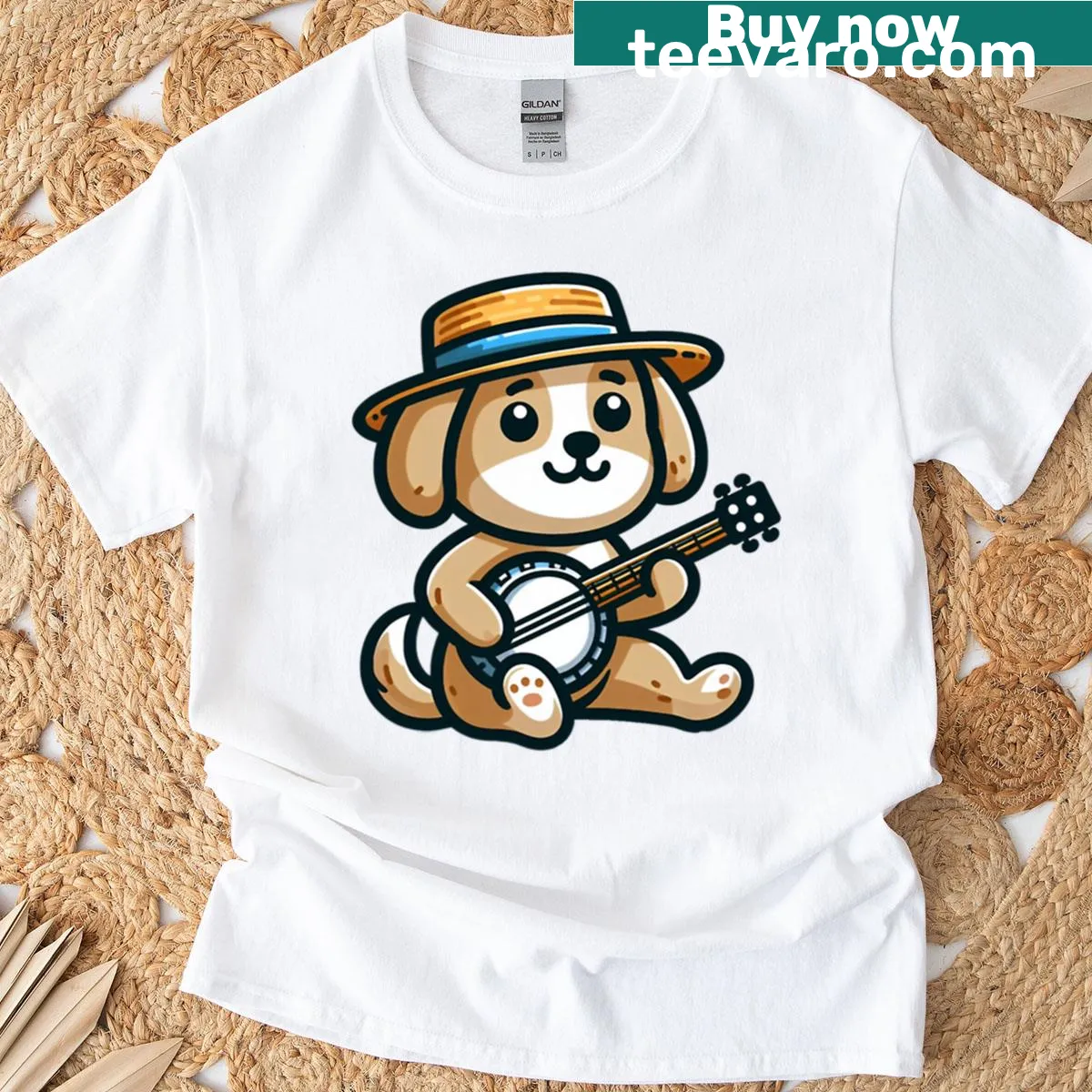 Cartoon dog playing banjo T-shirt for dog lovers — on a men's t-shirt
