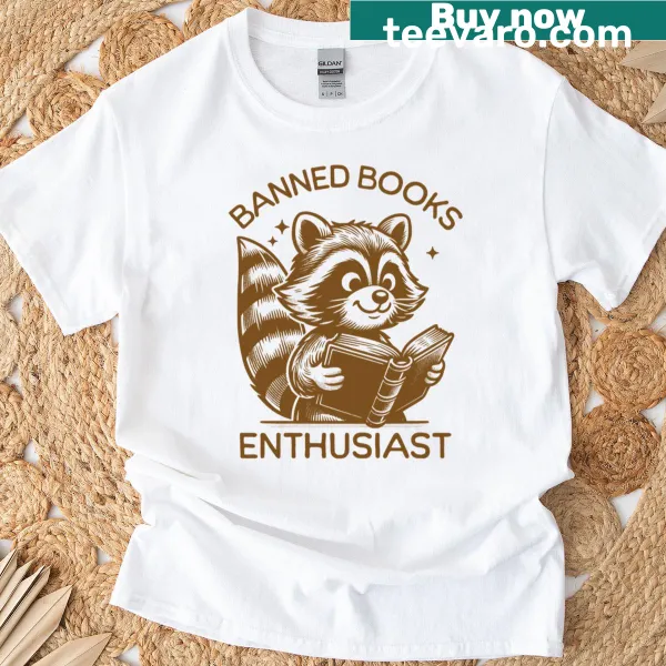 Fun raccoon graphic on a book-themed T-shirt