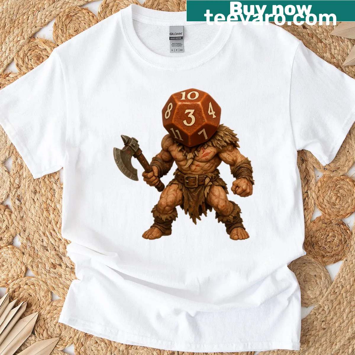 Graphic T-shirt featuring a berserker with a weapon in fantasy style — on a men's t-shirt