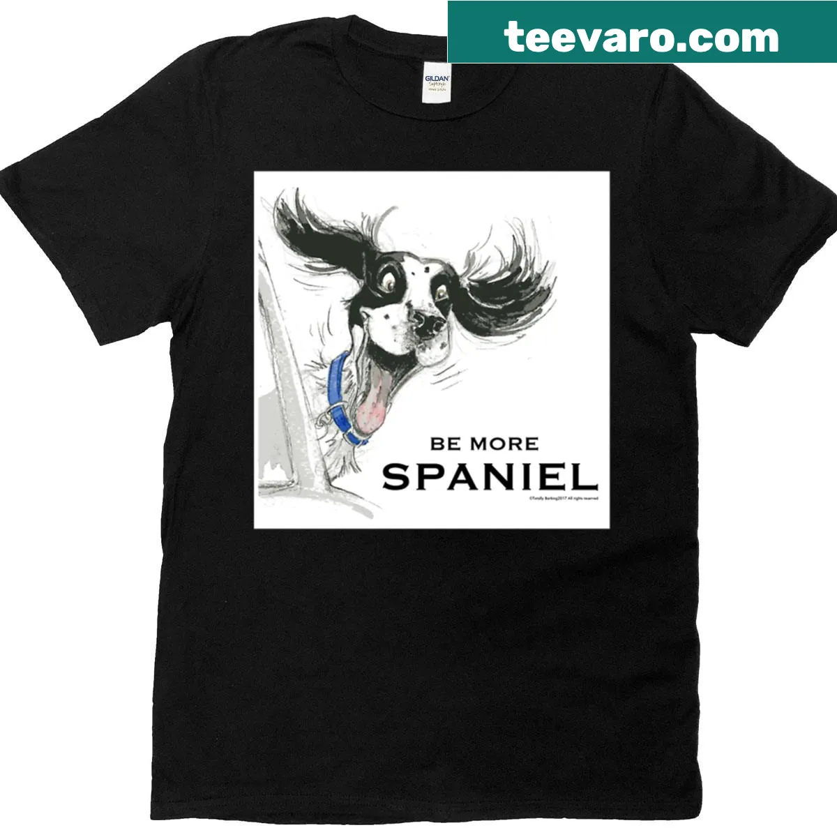 Hand-lettered 'Be More Spaniel' text on an oversized T-shirt — on a men's t-shirt