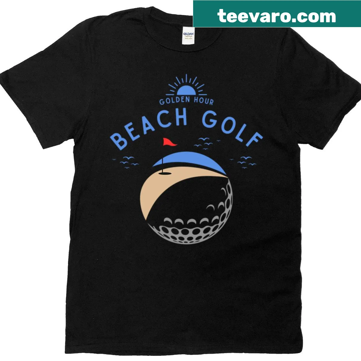 Beach-themed golfing illustration with putters and waves — on a men's t-shirt