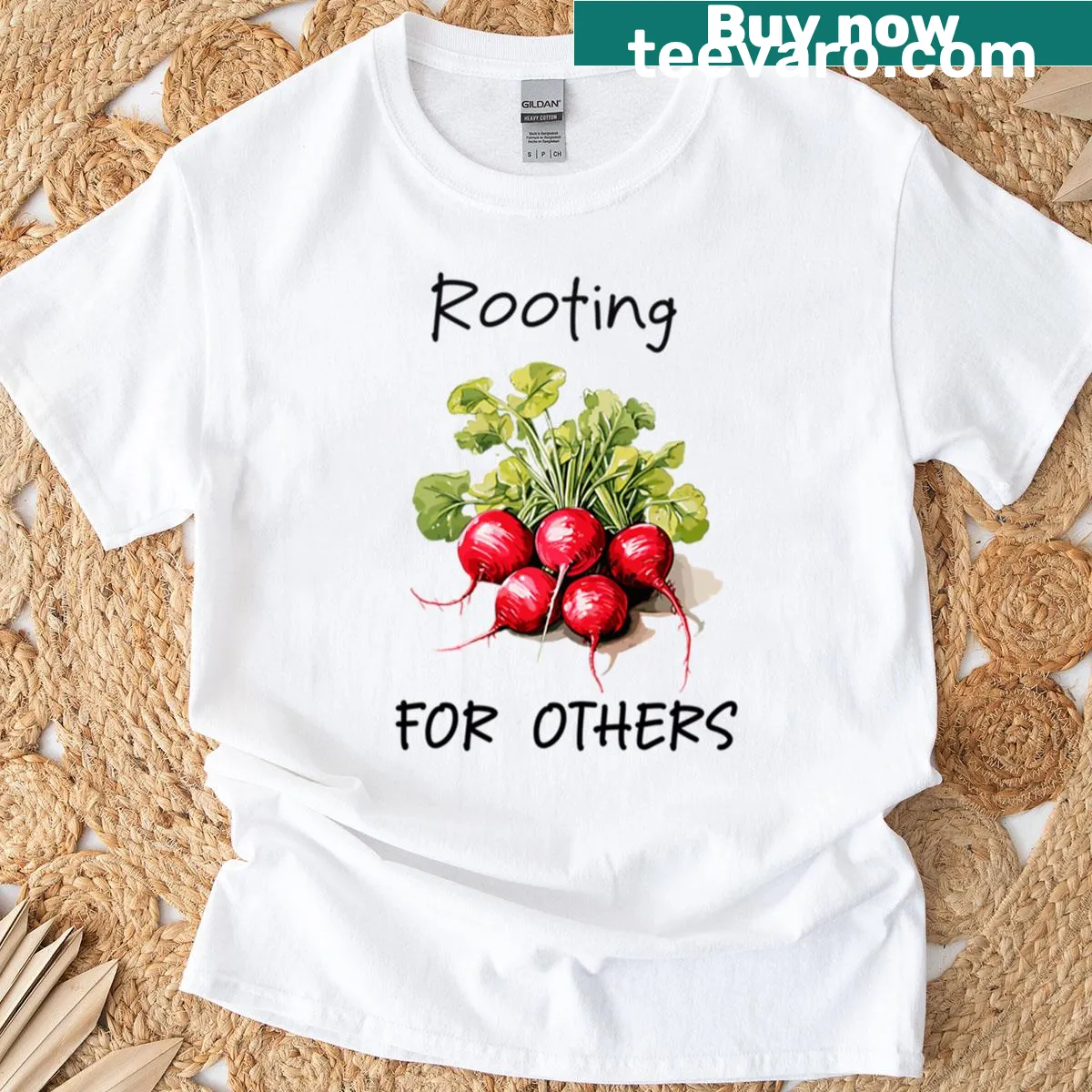 Illustrative beetroot graphic with uplifting text — on a men's t-shirt