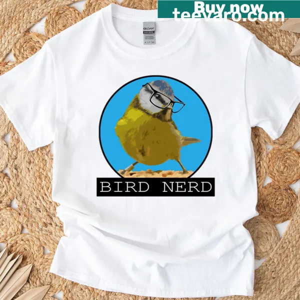 Cartoon design on a Bird Nerd t-shirt celebrating bird enthusiasts