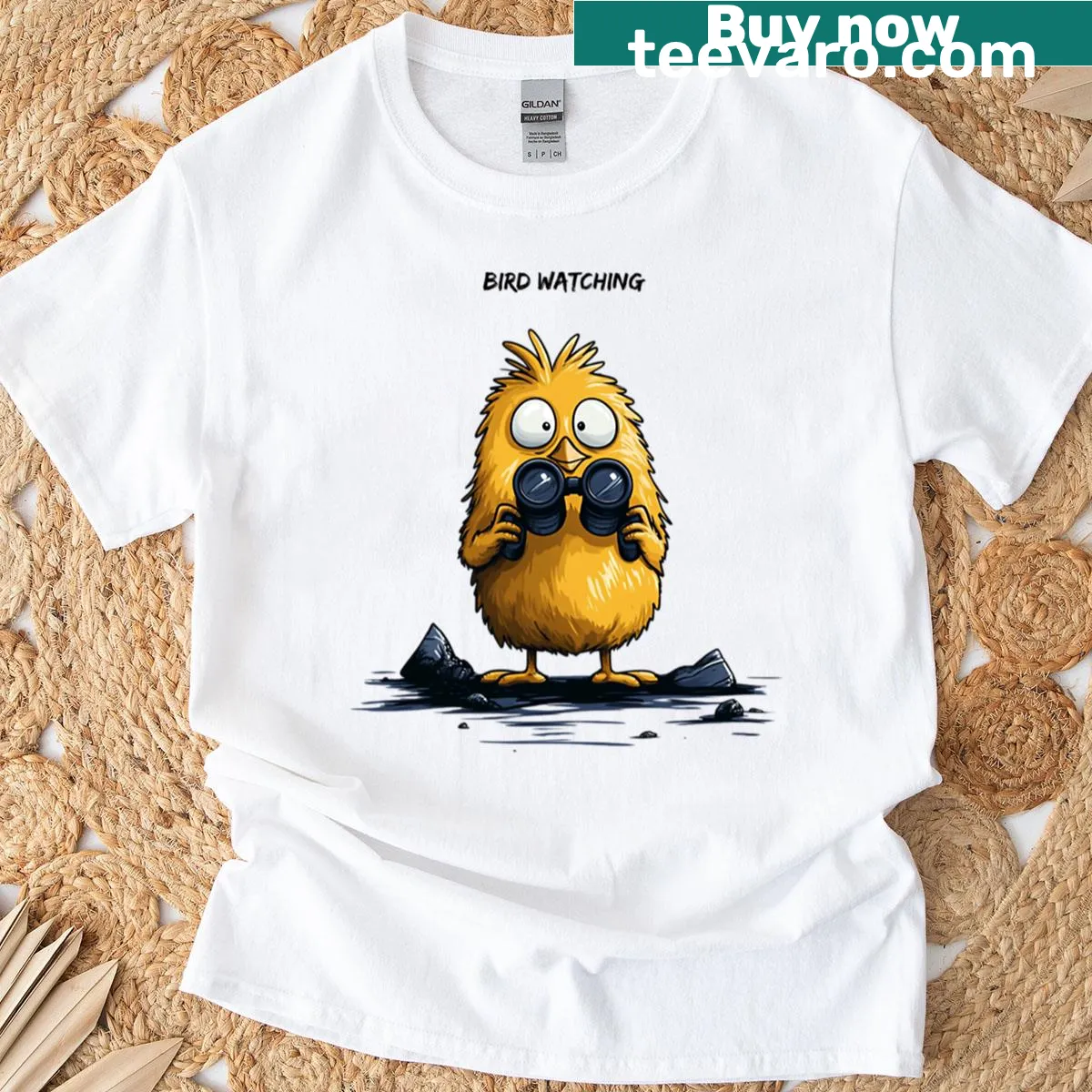 Illustrated T-shirt depicting various birds perched on branches — on a men's t-shirt