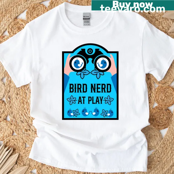 Birdwatching-themed t-shirt with whimsical illustrations of birds.