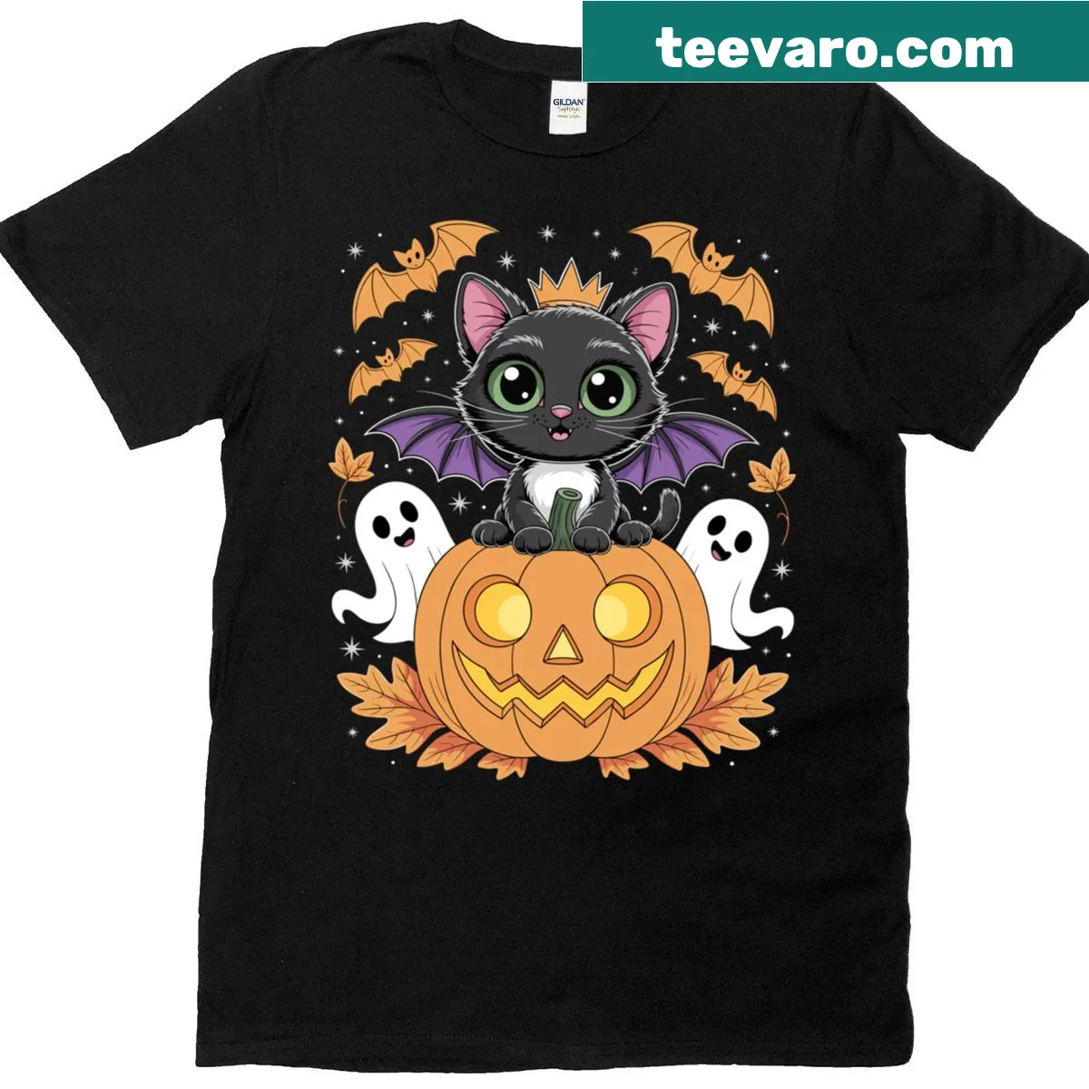 Halloween T-shirt featuring a black cat with bat wings and a pumpkin. — on a men's t-shirt