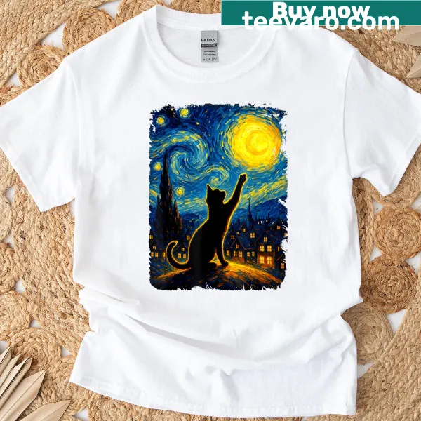 Black cat illustration in a Starry Night design on a T-shirt