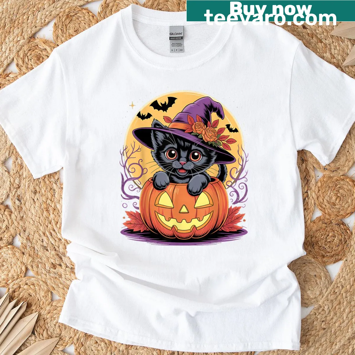 Funny Halloween t-shirt with black cat, witch hat, and pumpkin — on a men's t-shirt
