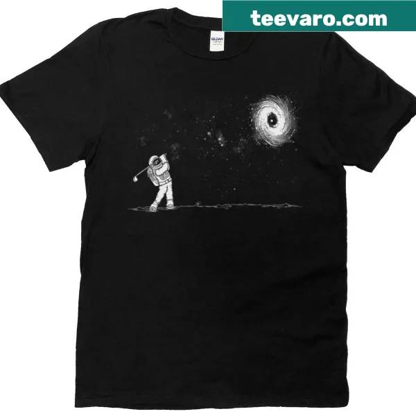 Playful Black t-shirt featuring a whimsical 'Hole In One' graphic.