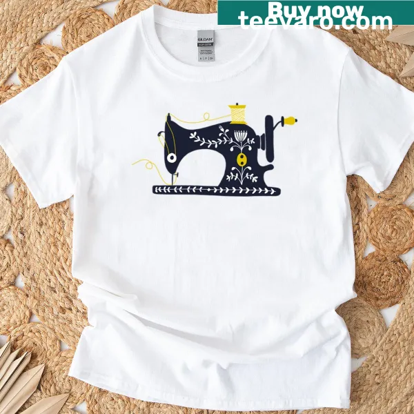 Vintage sewing machine graphic on a casual t-shirt