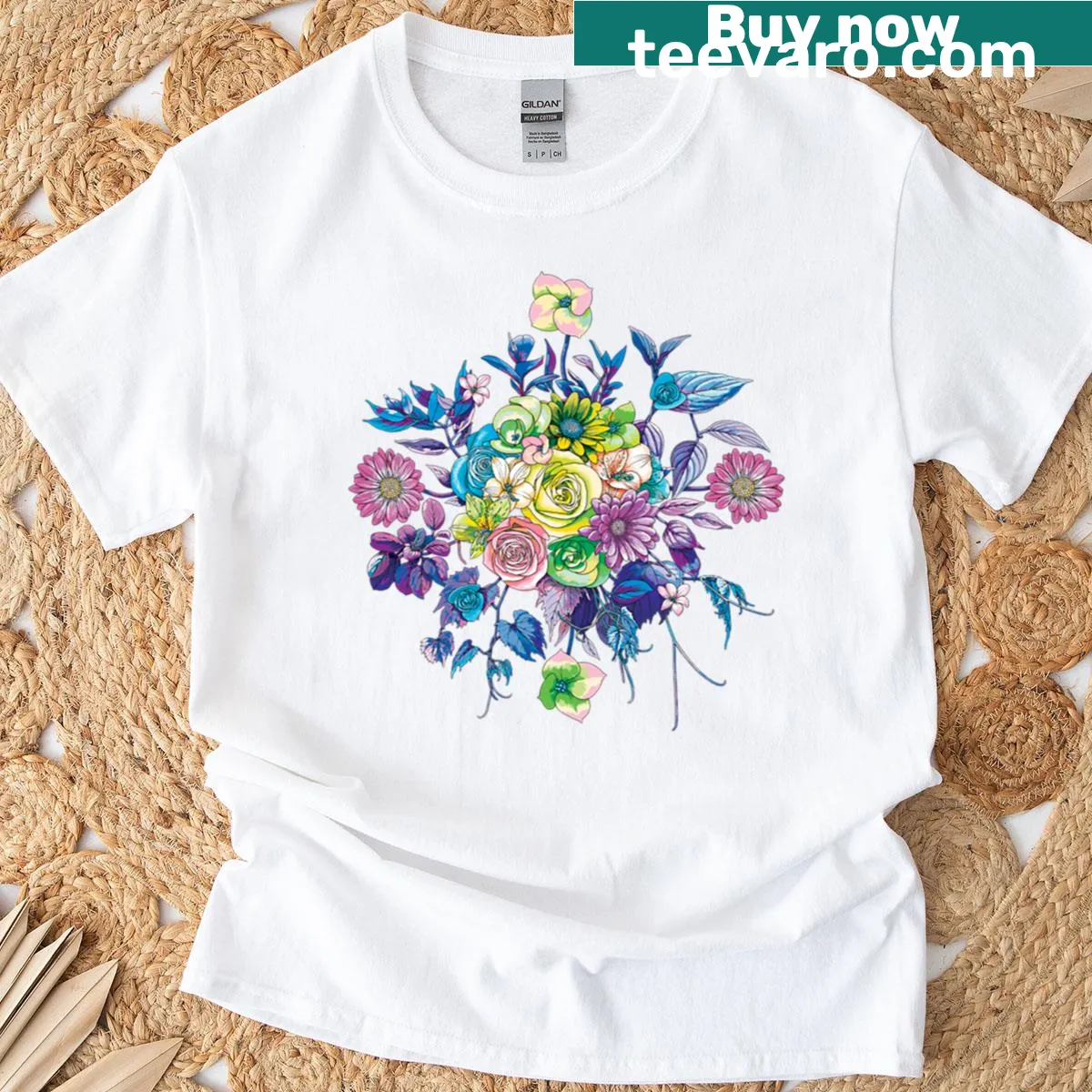 Coloring book style blue and purple flowers t-shirt — on a men's t-shirt