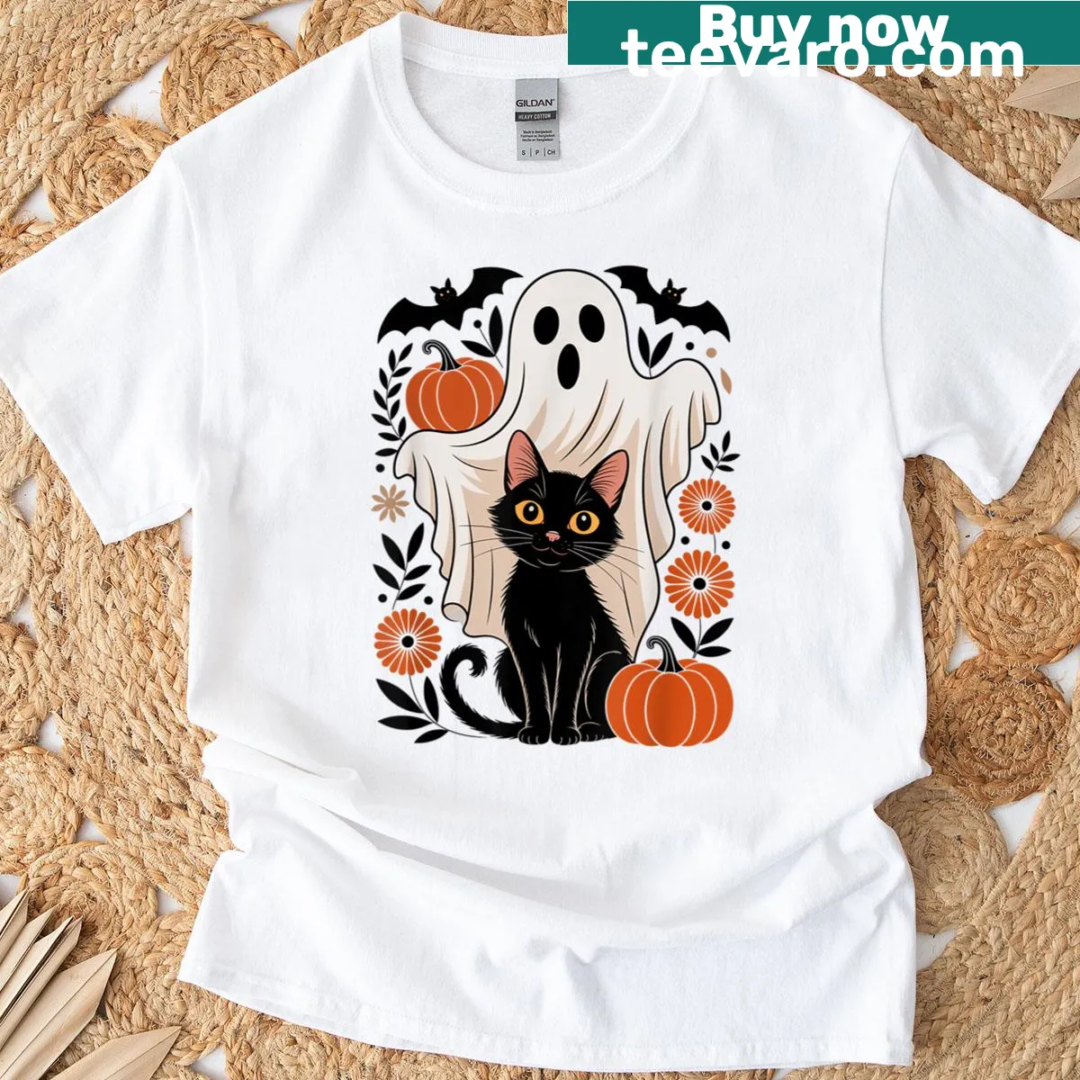 Whimsical ghost design holding a black cat for Halloween — on a men's t-shirt