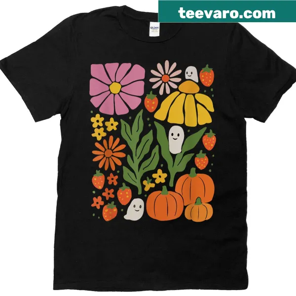 Boho floral ghost and pumpkin design on a Summerween t-shirt