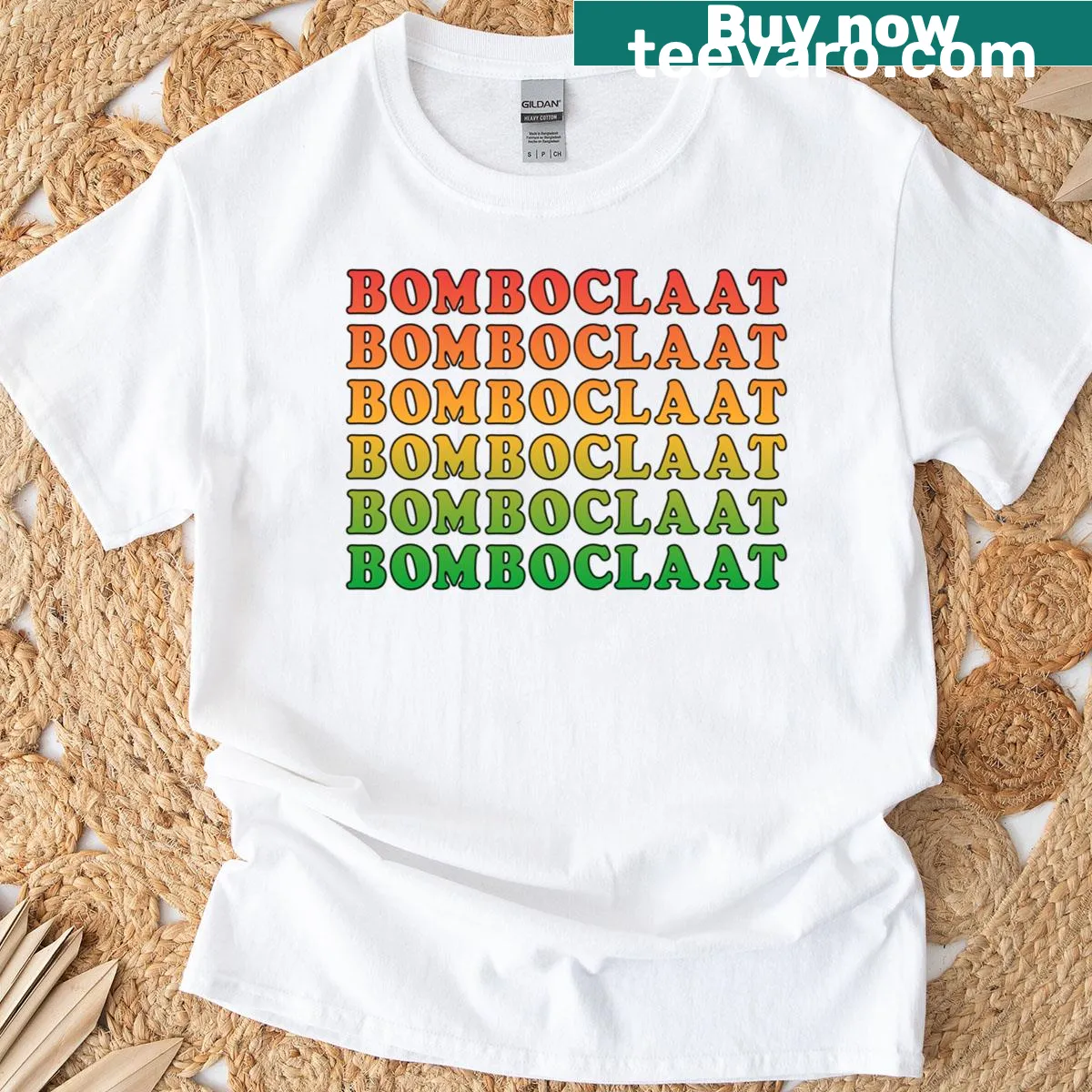 Retro T-shirt with Jamaican beach sunset graphic. — on a men's t-shirt