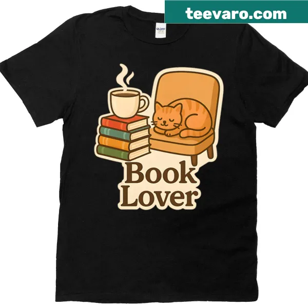 Illustration of a cozy nook with books on a book lover-themed t-shirt
