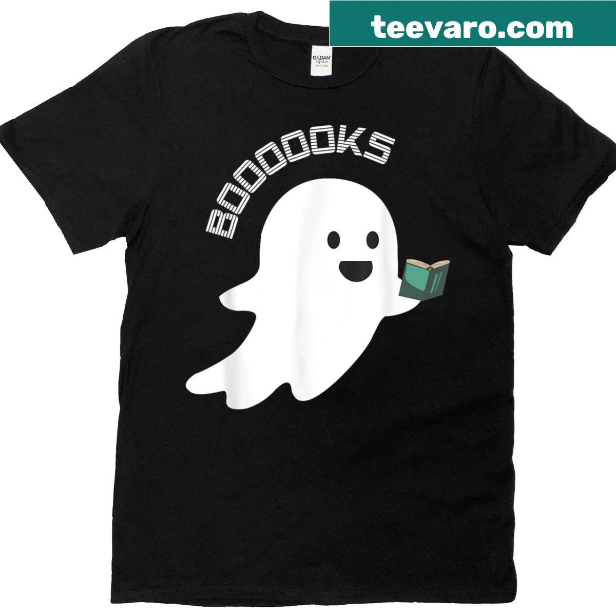 Funny Halloween T-shirt with ghost and book graphics — on a men's t-shirt