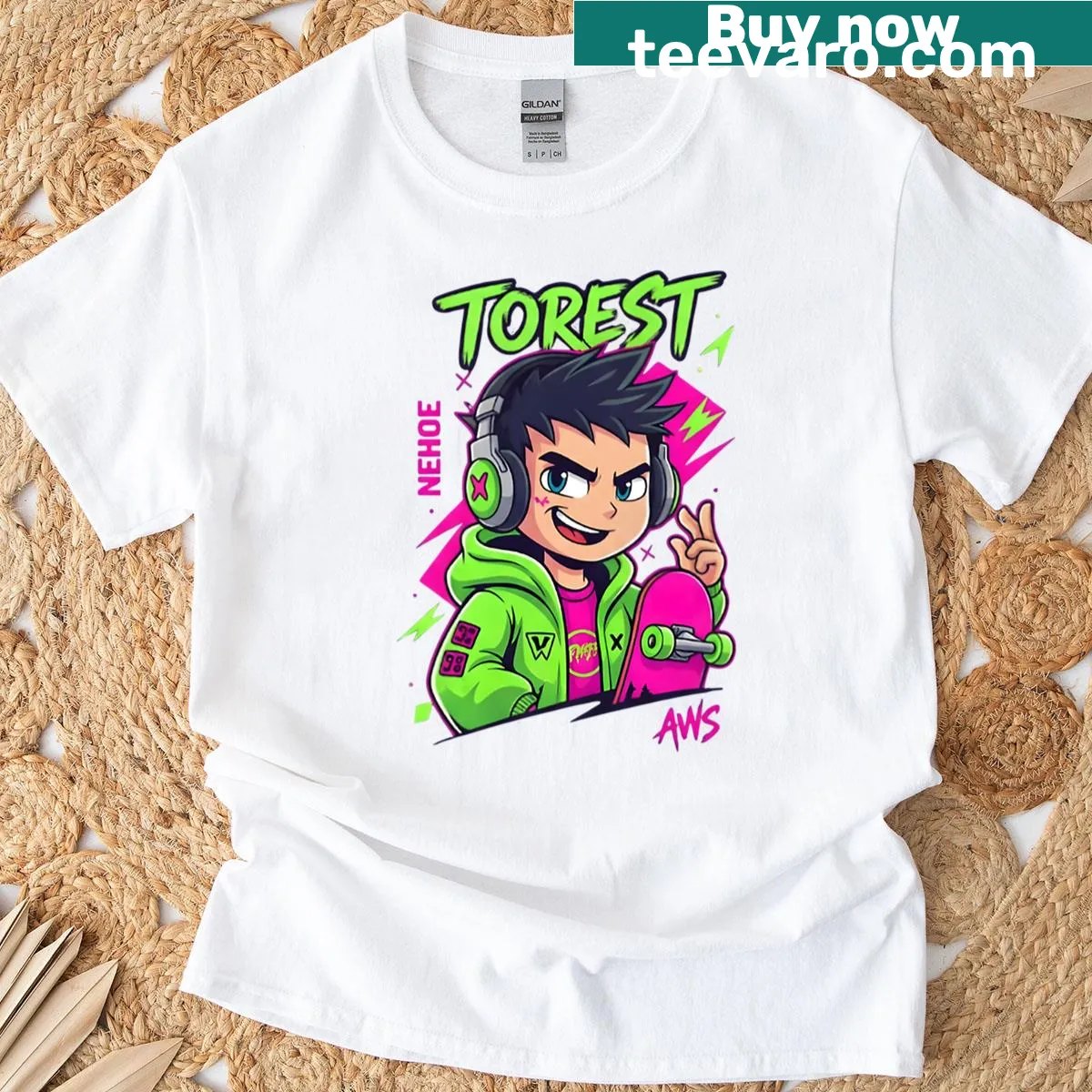 Playful skateboarder t-shirt featuring a boy with headphones — on a men's t-shirt