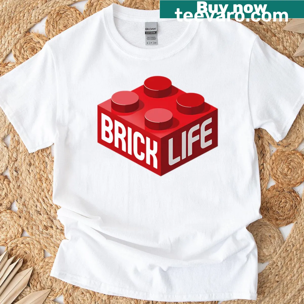Illustrative Brick Life t-shirt featuring playful building blocks design — on a men's t-shirt