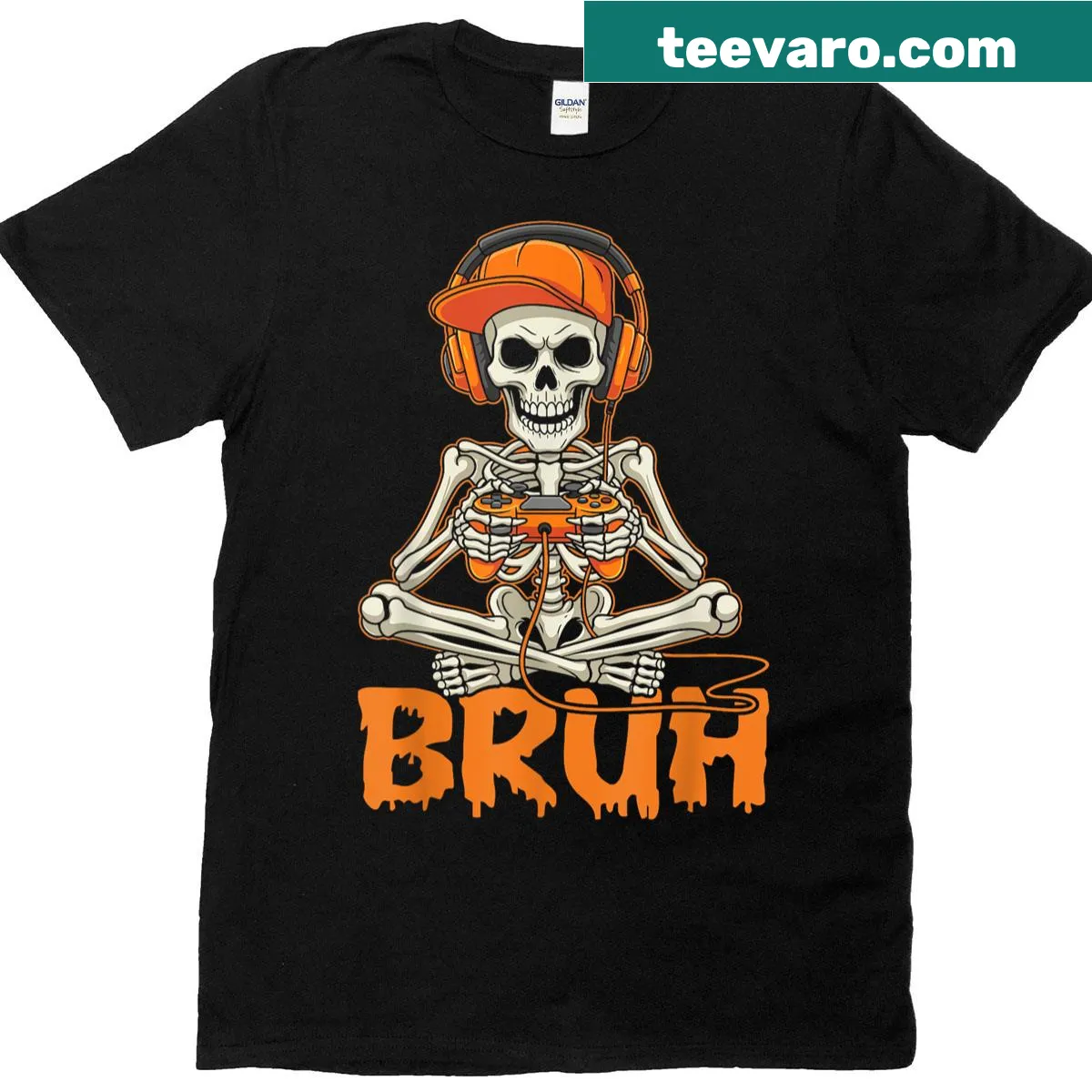 Cartoon skeleton holding a video game controller for Halloween T-shirt — on a men's t-shirt