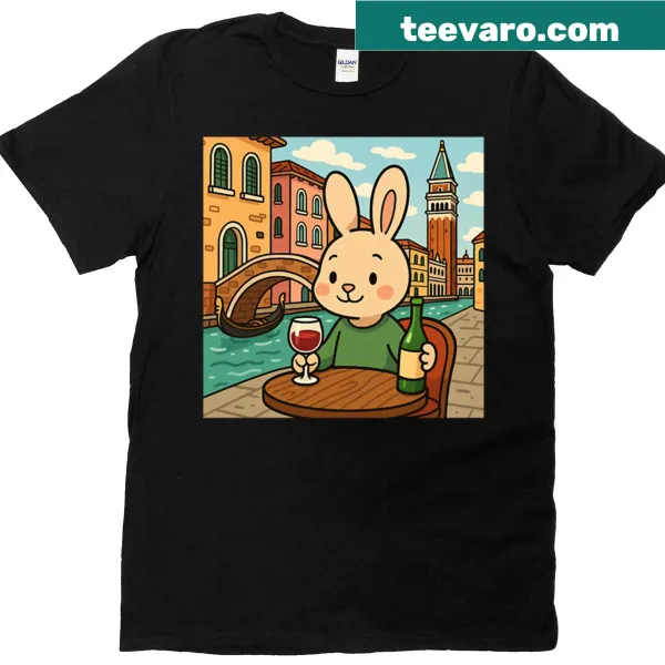 Whimsical shirt depicting a bunny drinking wine
