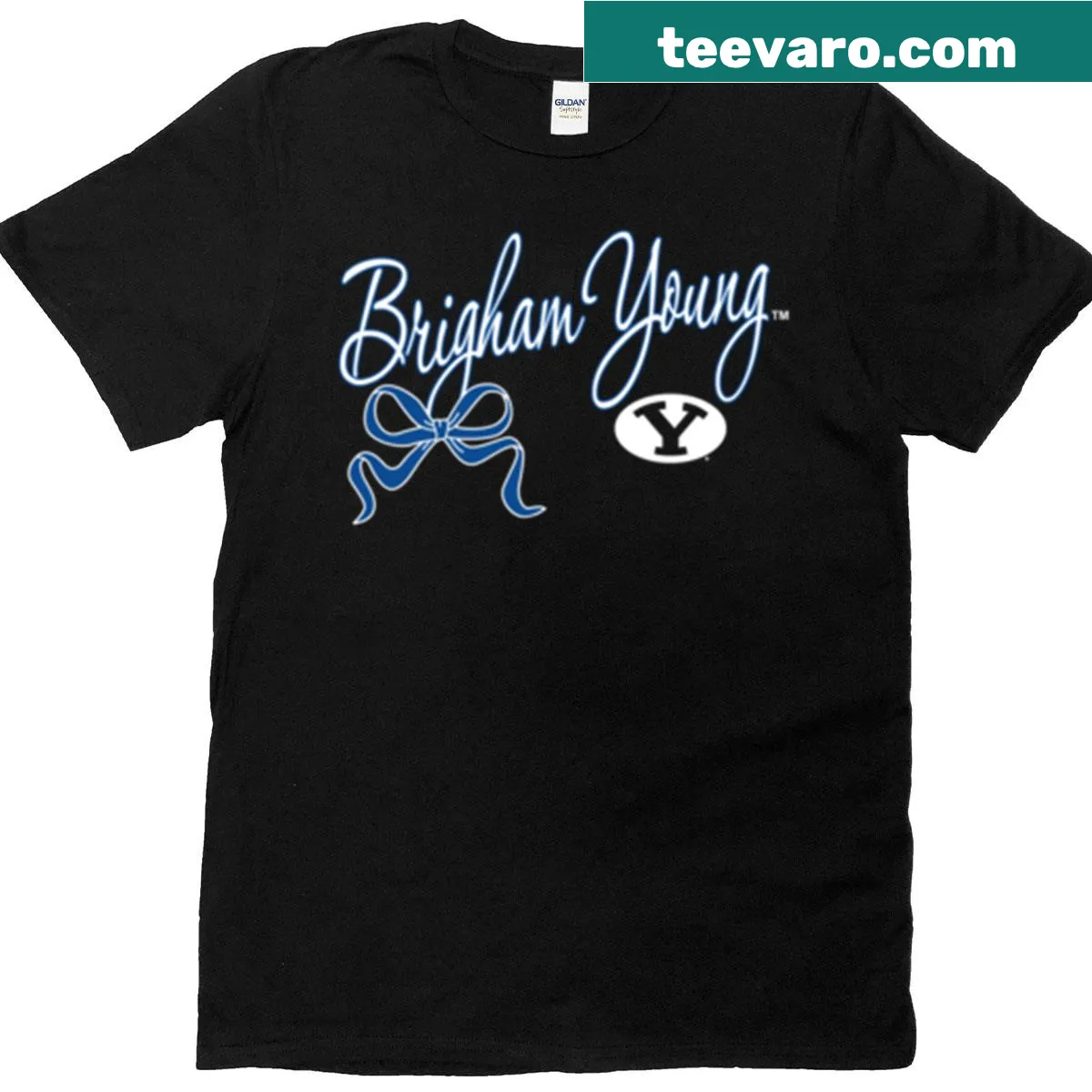 BYU Cougars bow script T-shirt in navy with official logo — on a men's t-shirt