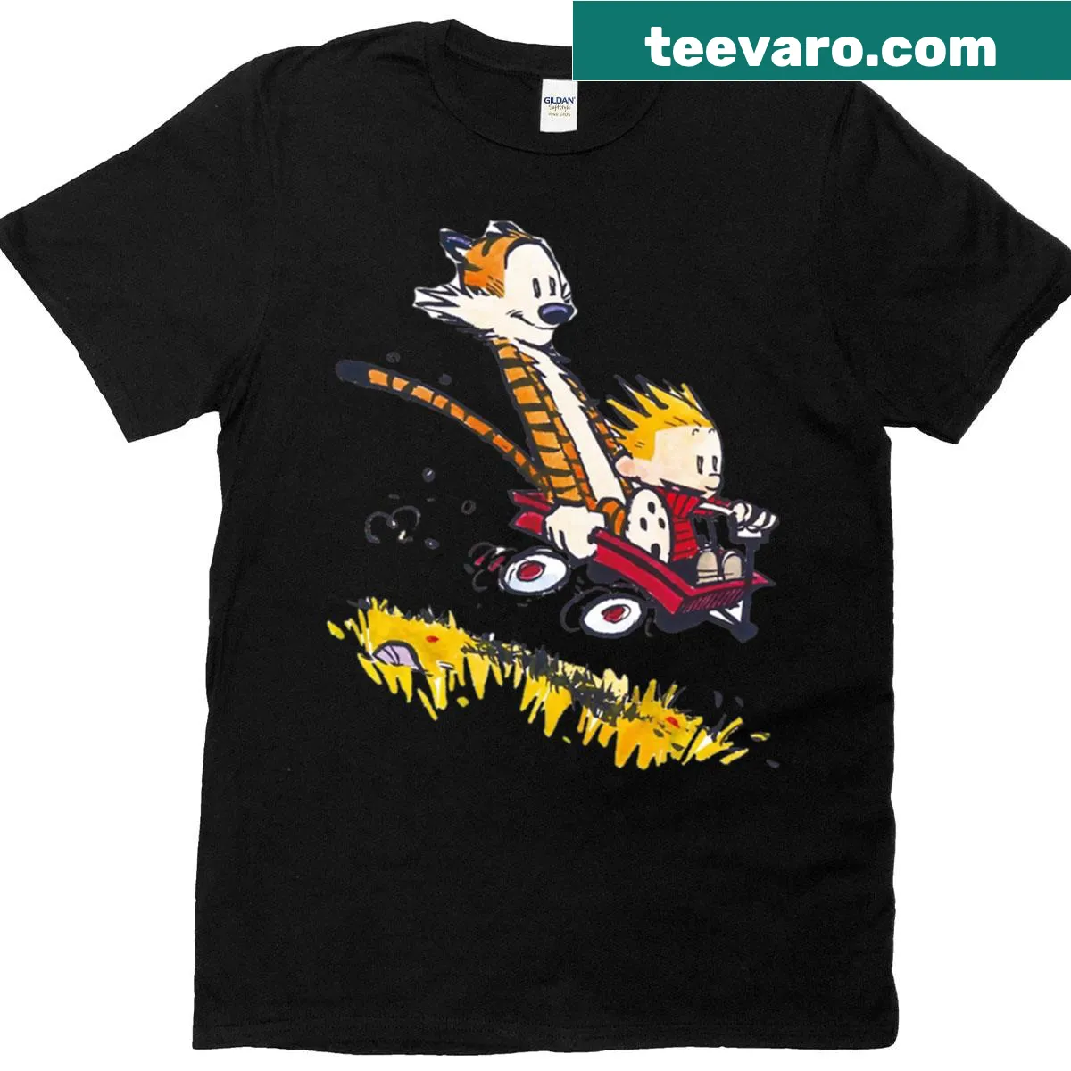 Cartoon graphic of Calvin and Hobbes on a playful t-shirt — on a men's t-shirt