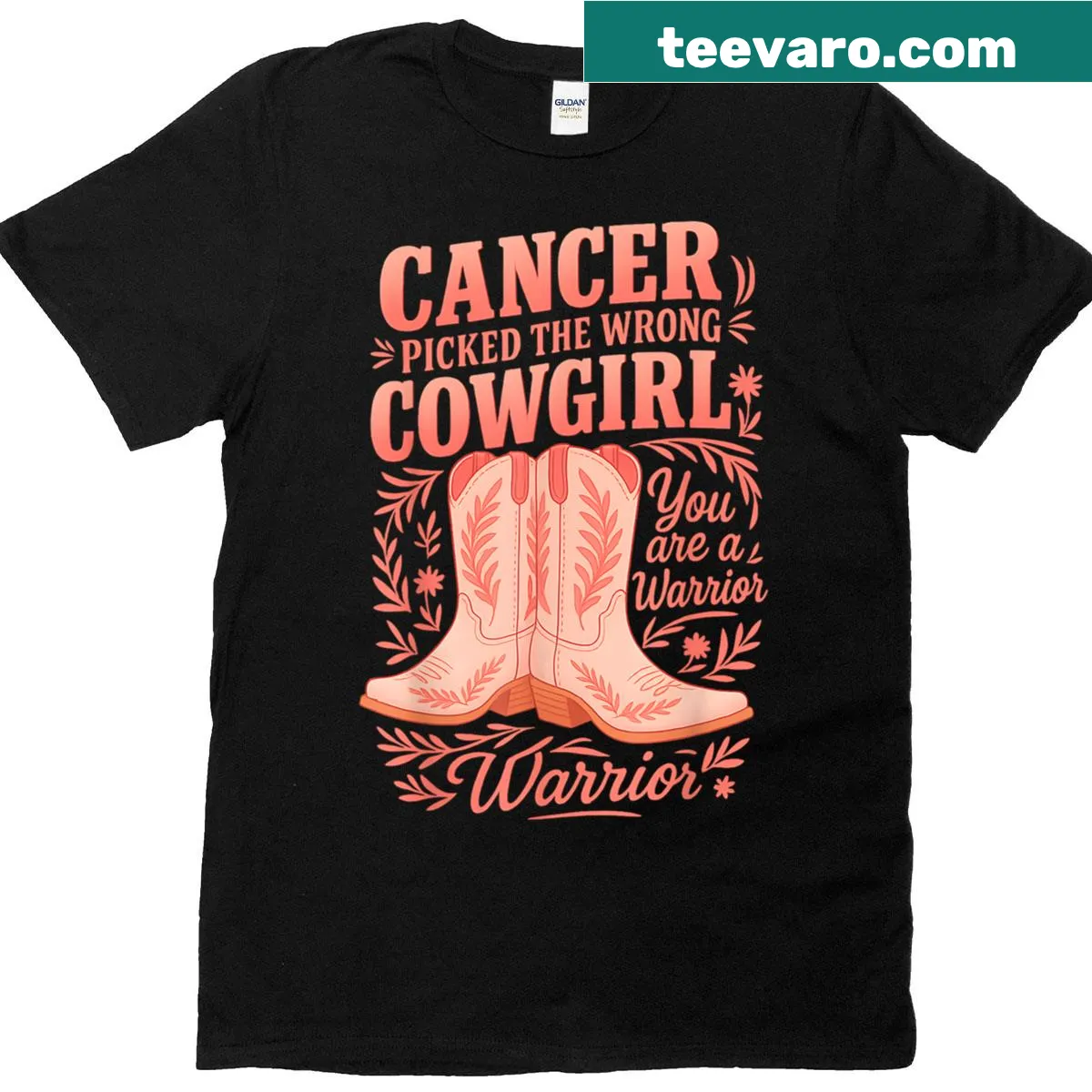 Warrior cowgirl t-shirt with bold text about cancer resilience — on a men's t-shirt