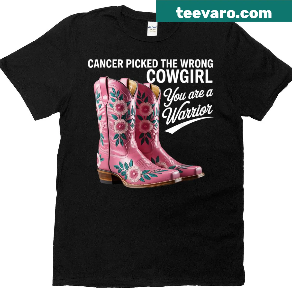 Warrior t-shirt with the phrase 'Cancer Picked The Wrong Cowgirl' — on a men's t-shirt