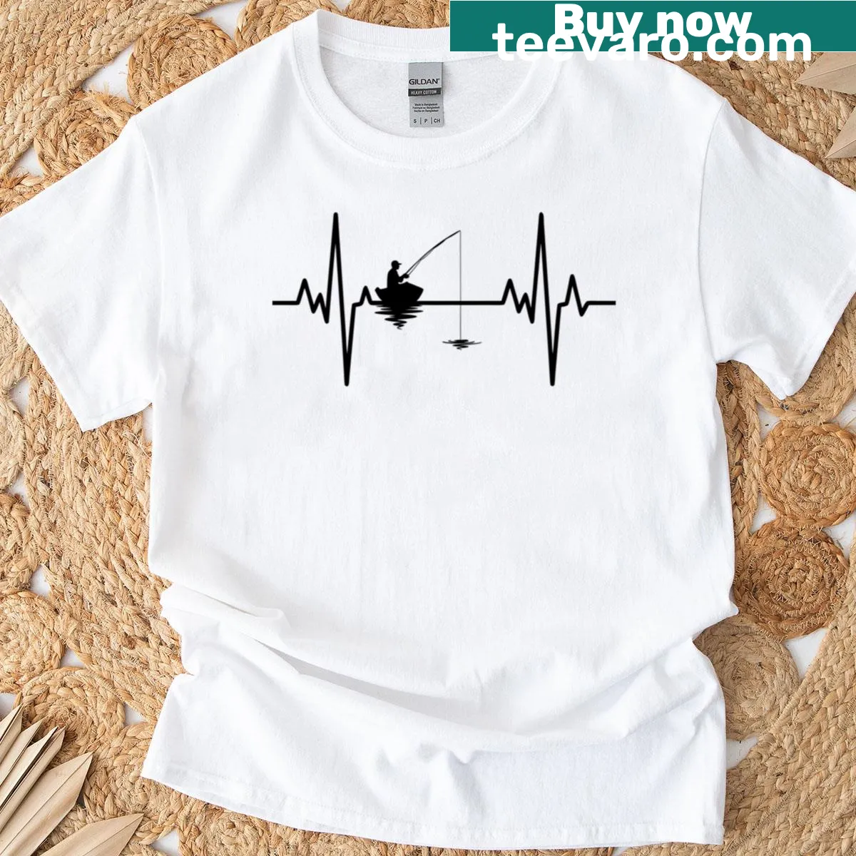 Fishing-themed t-shirt featuring a fisherman silhouette and heart pulse design. — on a men's t-shirt