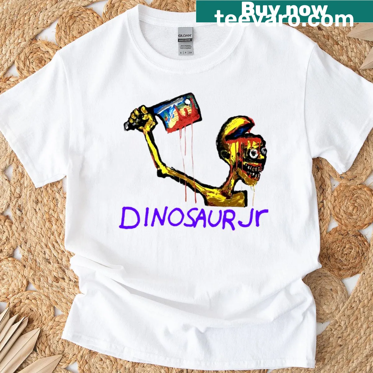 Graphic of a playful cartoon dinosaur character. — on a men's t-shirt
