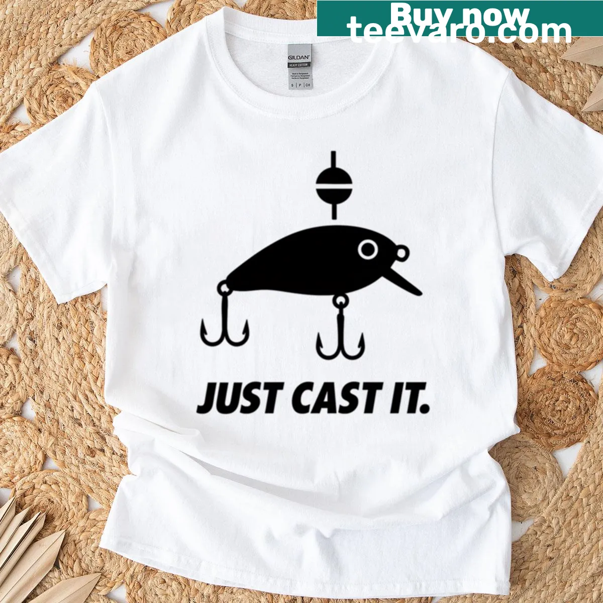 Fishing enthusiast t-shirt featuring gear and silhouette designs. — on a men's t-shirt