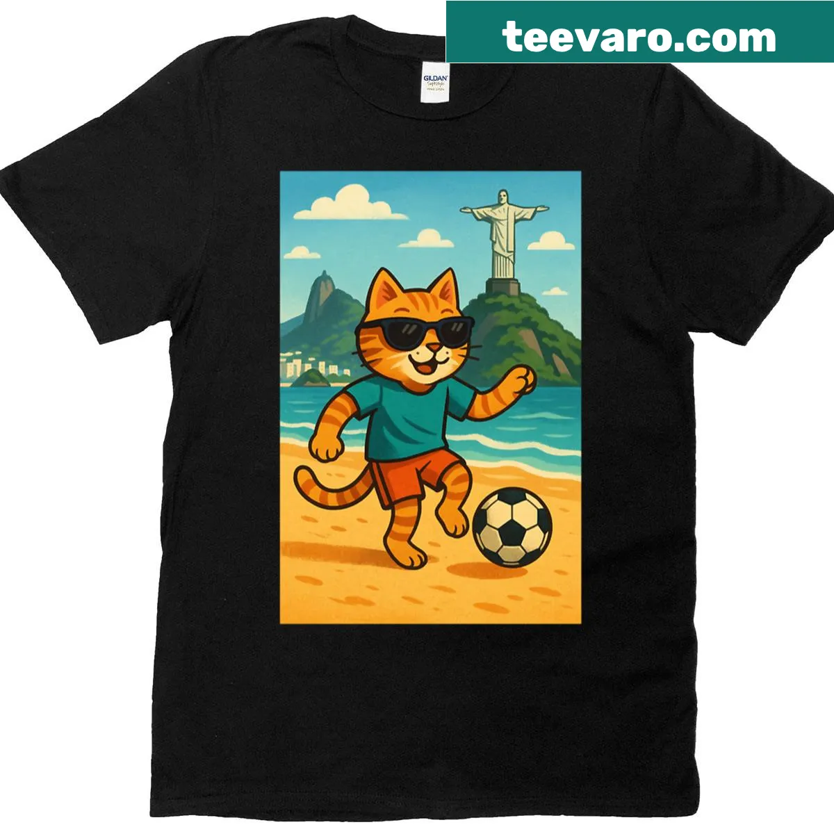 Illustration of a cat playing football on a t-shirt — on a men's t-shirt