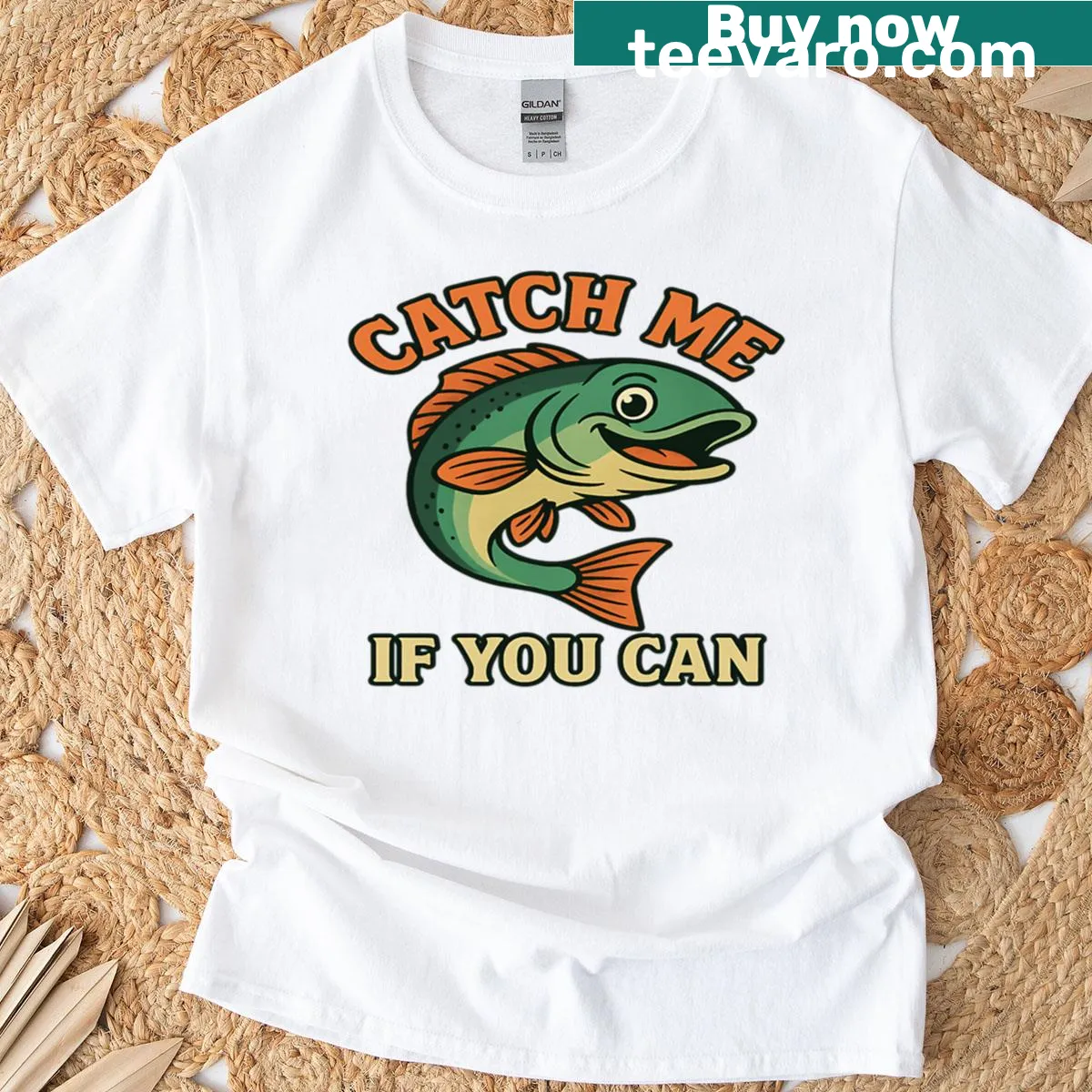 Humorous cartoon fish design with text about fishing — on a men's t-shirt