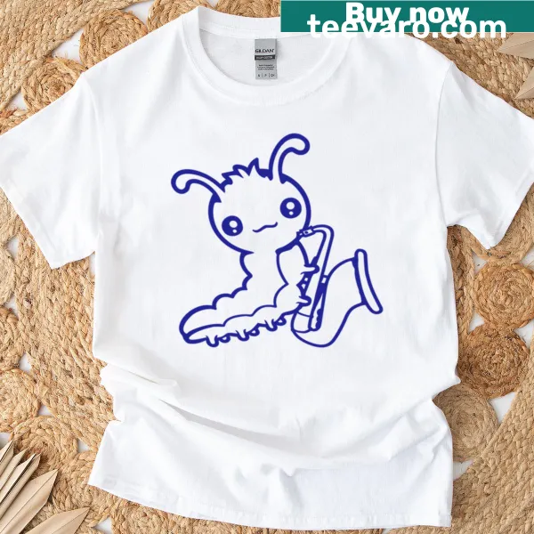 Playful caterpillar playing saxophone graphic for music lovers