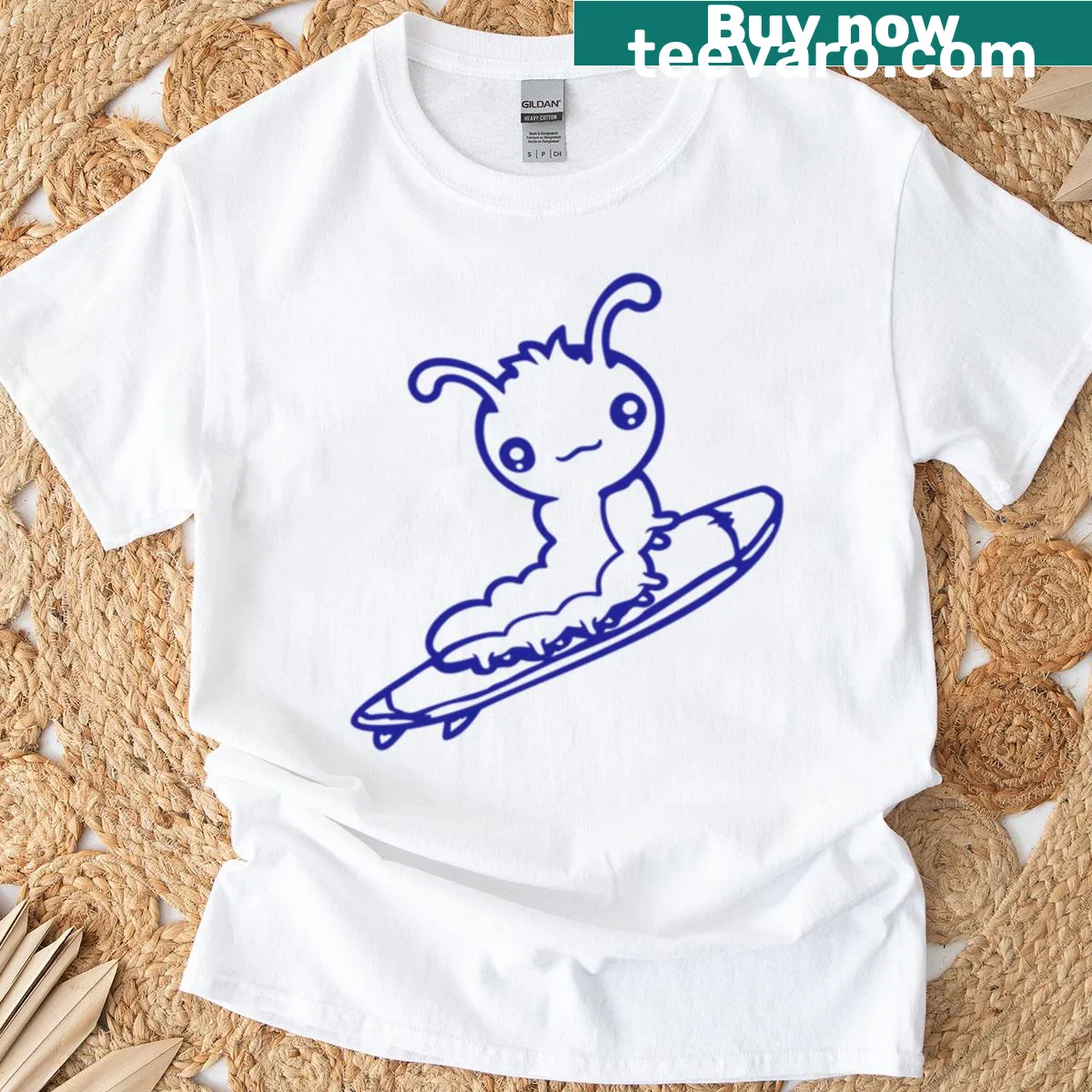 Caterpillar surfing on a surfboard design for surf enthusiasts — on a men's t-shirt