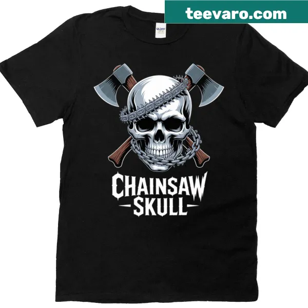 Chainsaw-wielding skull graphic on lumberjack t-shirt