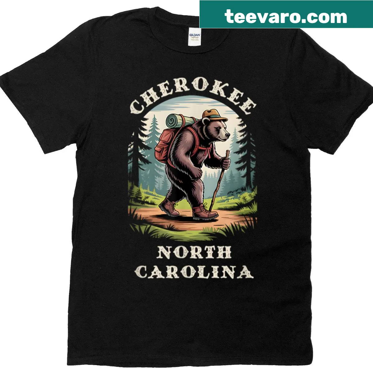 Illustrated bear graphic T-shirt representing Cherokee and Blue Ridge — on a men's t-shirt