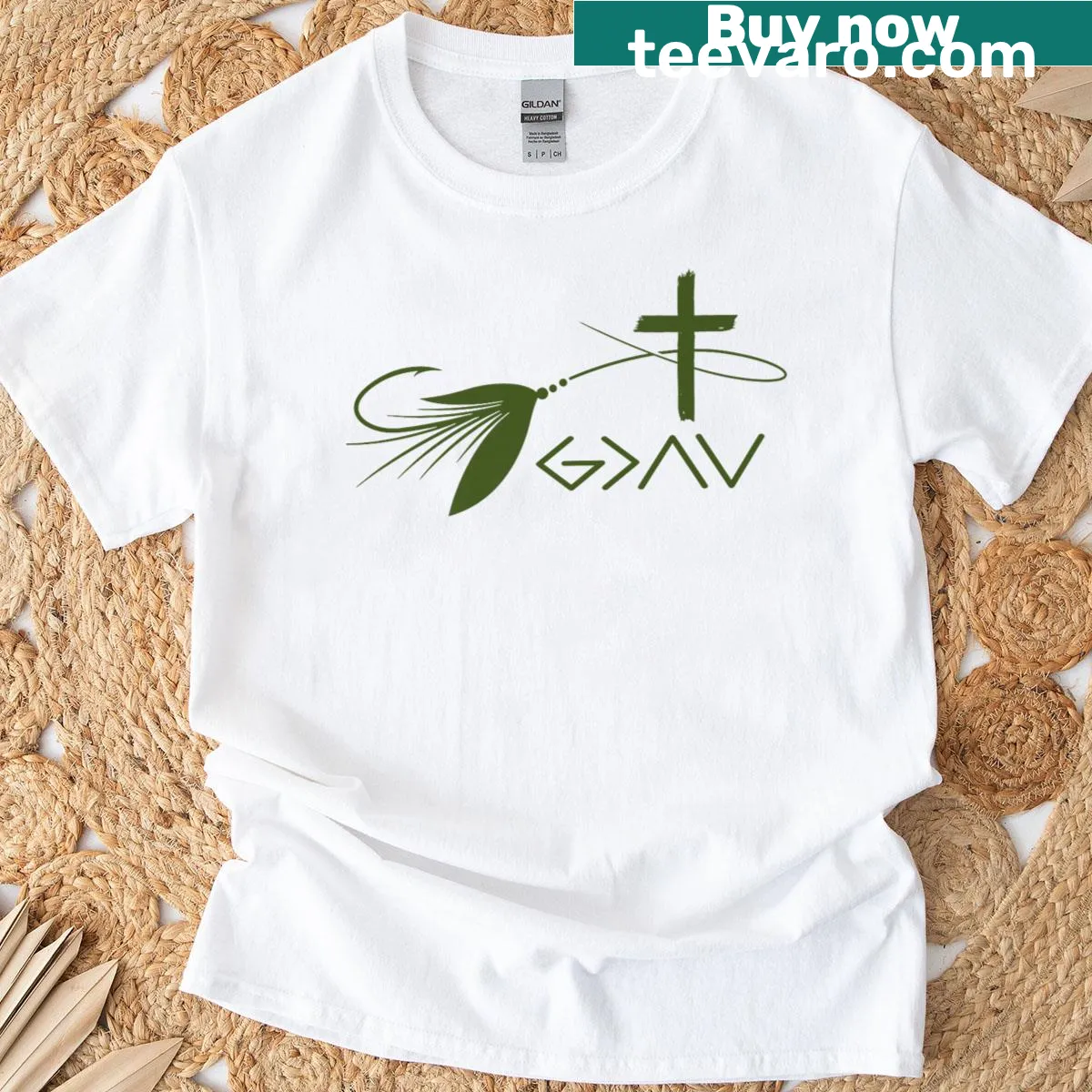 Graphic showing a cross with fishing elements for Christian anglers. — on a men's t-shirt