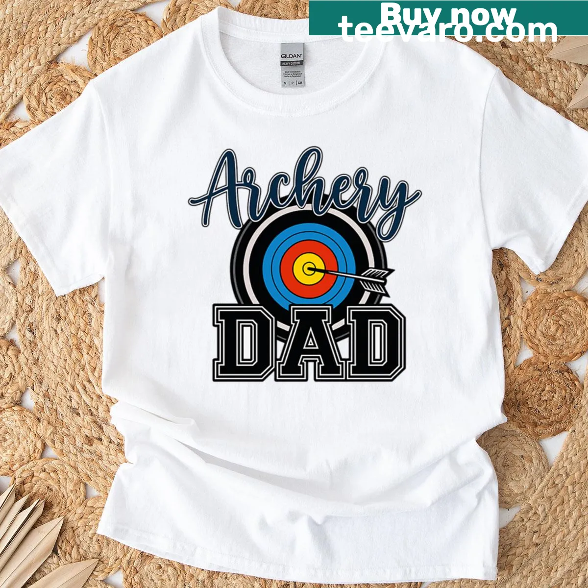T-shirt featuring an archery target and bold text design. — on a men's t-shirt