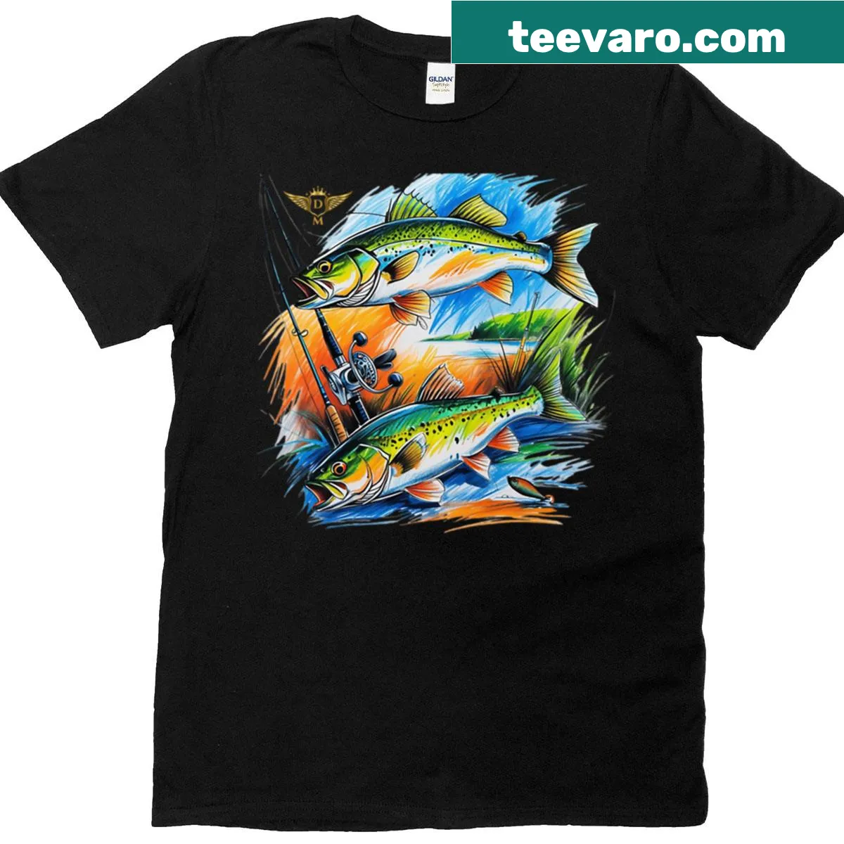 Fishing scene graphic featuring two fish on a T-shirt — on a men's t-shirt