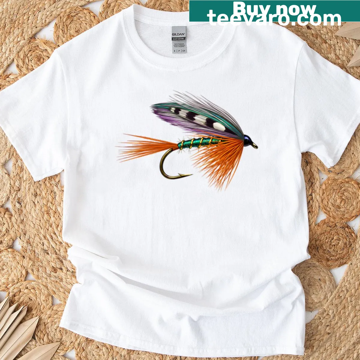 Illustrative T-shirt showcasing a fly fishing lure for fishing lovers — on a men's t-shirt