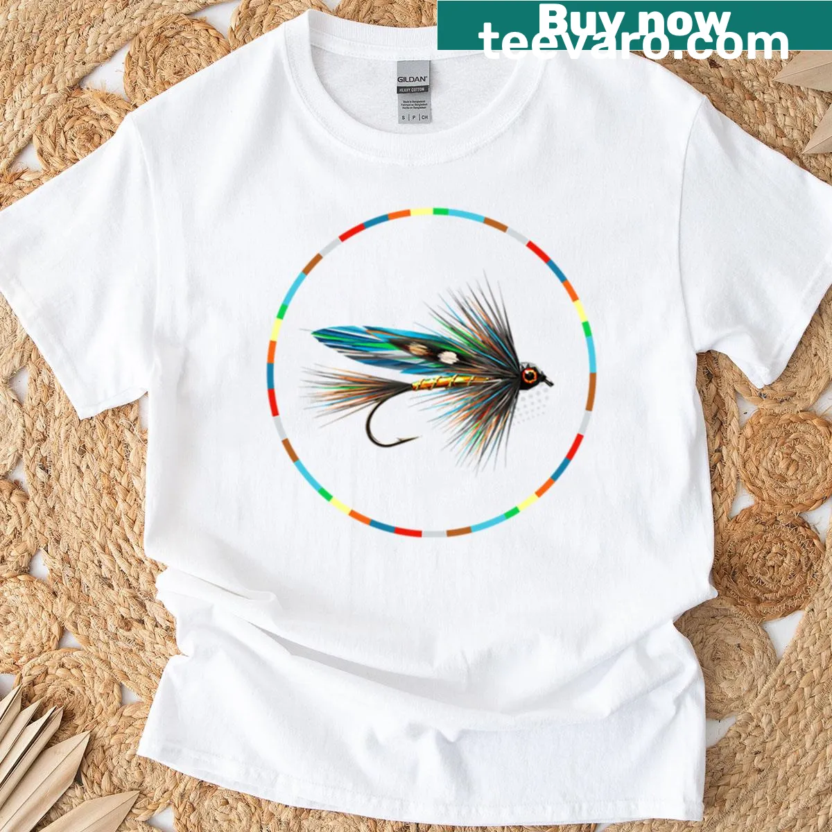 Artistic T-shirt featuring a fly tying lure design for fishing enthusiasts — on a men's t-shirt