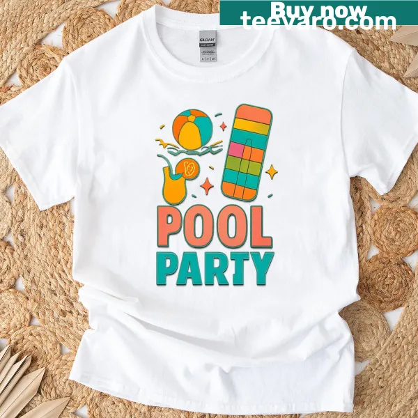 Illustration of a pool party with floats, people, and splashes