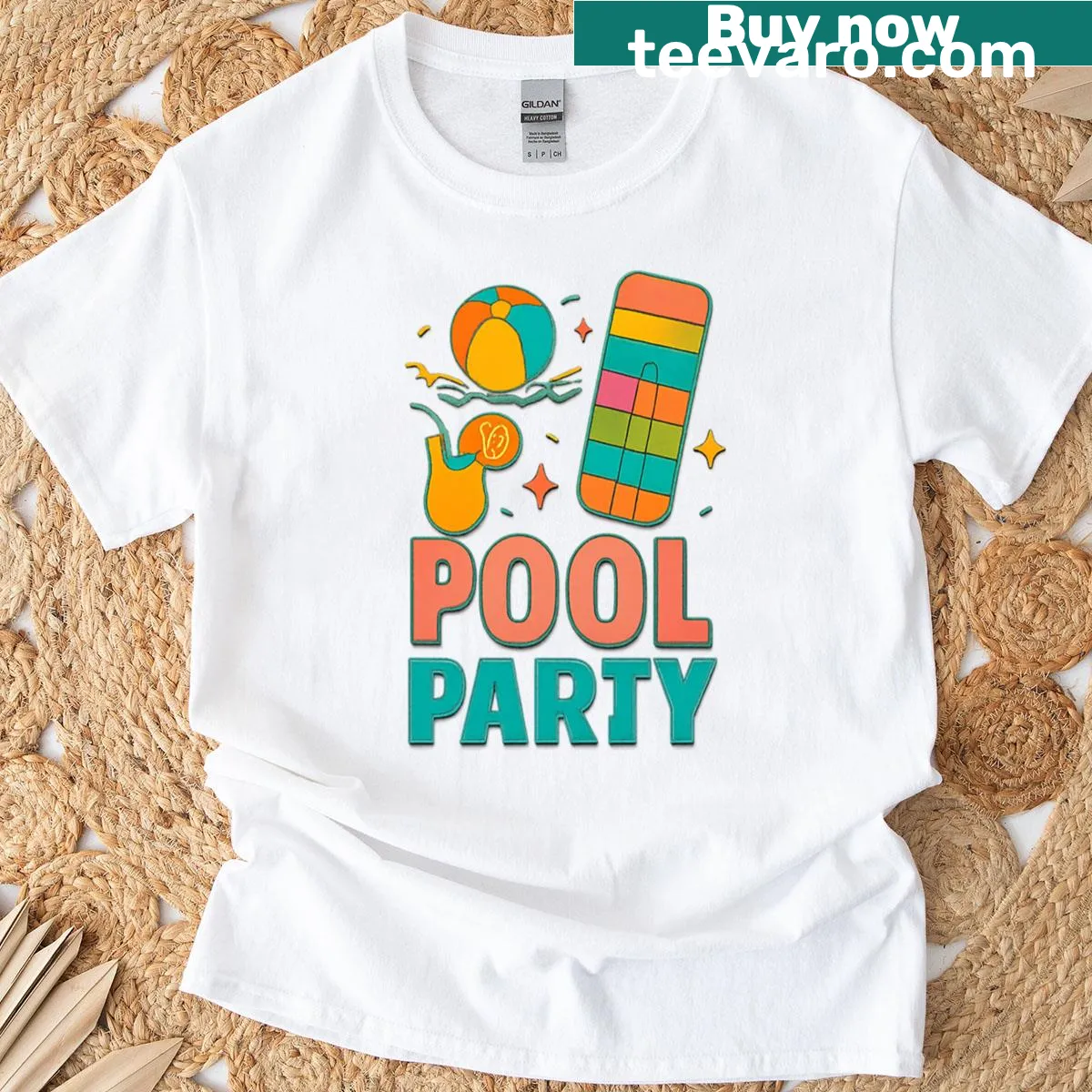 Illustration of a pool party with floats, people, and splashes — on a men's t-shirt