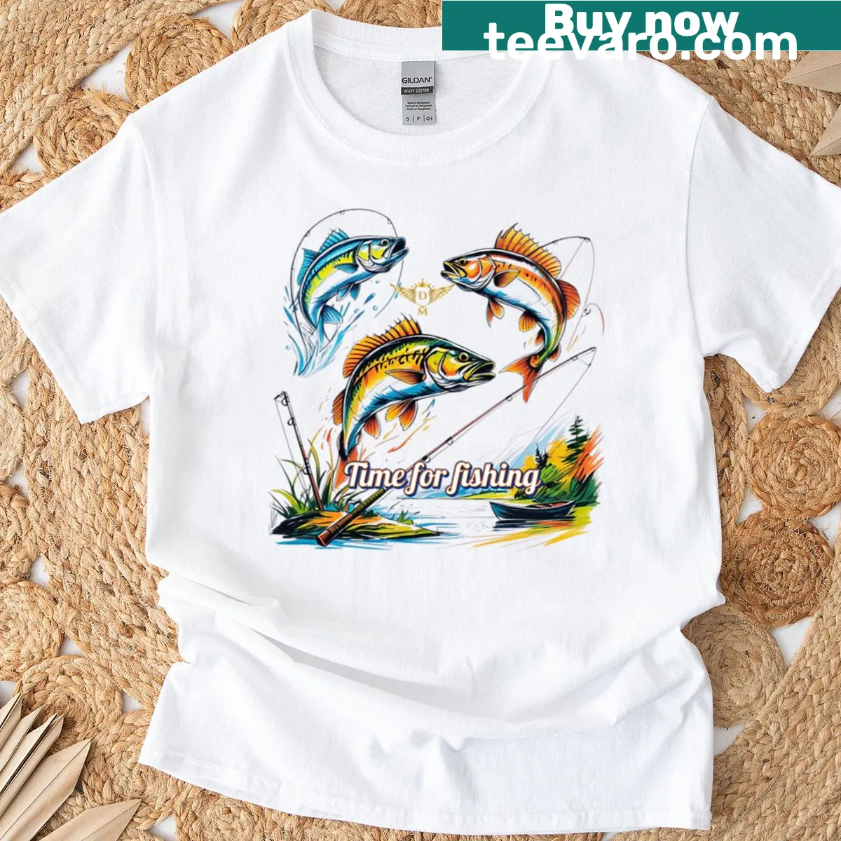 Illustration of fishing rods and different fish — on a men's t-shirt